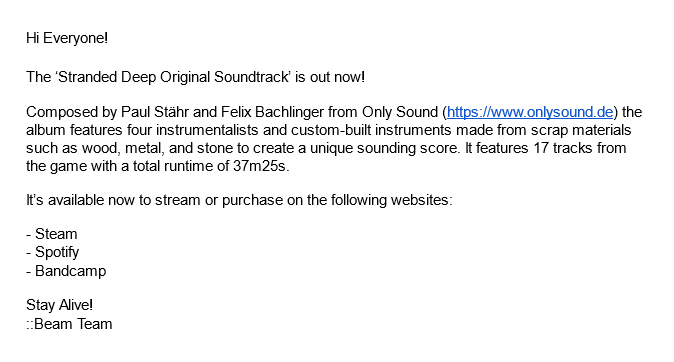 TheStrandedDeep's tweet photo. The Stranded Deep Soundtrack is available now to stream or purchase via Steam, Spotify or Bandcamp!
(see thread for links) https://t.co/LkYyBaypaN
