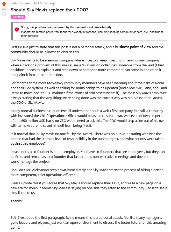 RDR2scoundrel's tweet photo. It's clear @SkyMavisHQ listens to the community! Look for Reddit as example (thanks AxieTelnet for this). A nice, constructive opinion, and they answered with a Ban. Please like or retweet this or we'll never go anywhere @Jihoz_Axie @brycent @philipla @ZyoriTV. Web2 or Web3?!🤬 https://t.co/j20FzrQrCk