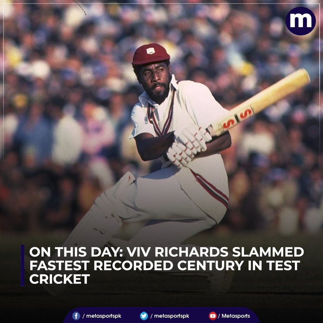 metasportspk's tweet photo. On April 15 1986, Viv Richards entertained the crowd royally with his fastest recorded century in terms of balls faced in Test history - a record that he held for three decades.
#VivRichard #LegendCricketer #Metasports https://t.co/xcUukzv4DW