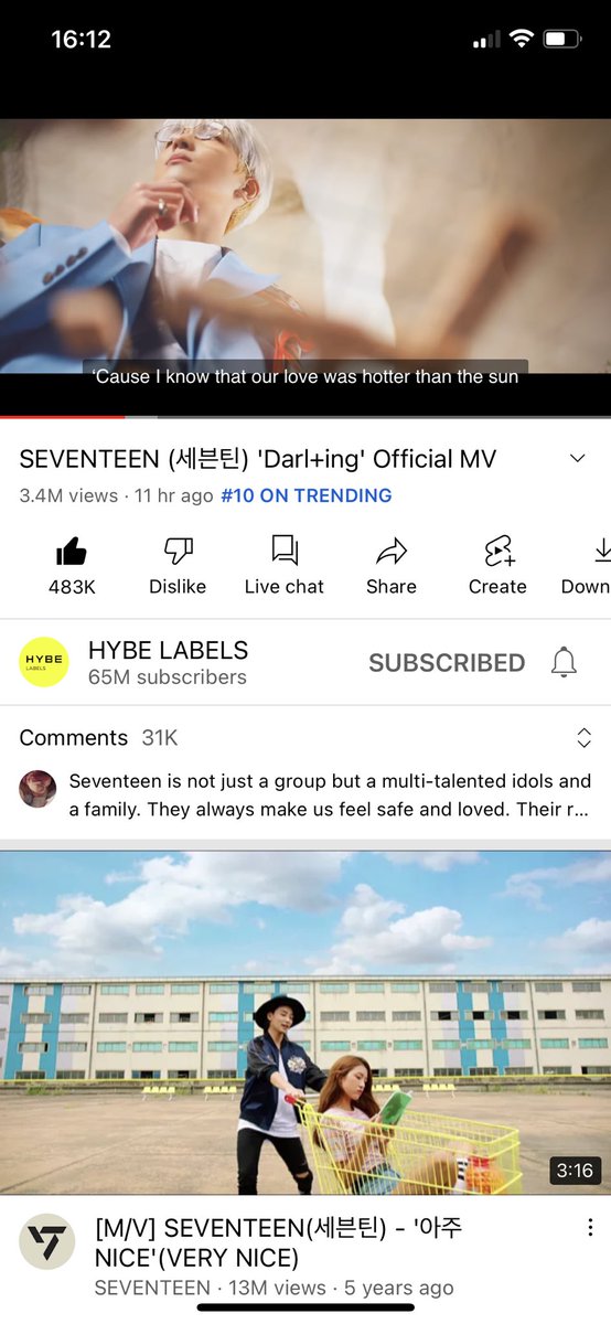 Hannie_trash's tweet photo. Keep streaming darling mv we can do it carats it’s on the trending page for YouTube at number 10 let’s go!!! 

#seventeen #svt #SVT_Darling #darling  #STREAMDARLING #CARAT @pledis_17 https://t.co/5fSJkSWJvd