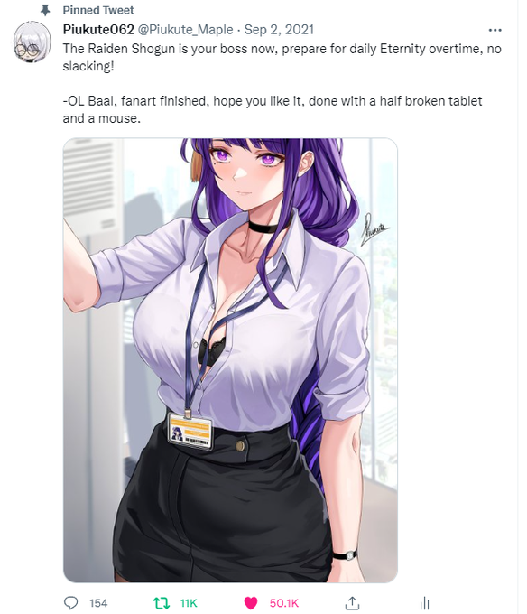 I just broke my record today ( it was 45k now it's 50k ) by continuously self retweeting the old Raiden Shogun post for 8 months 🤣, not much but it's a good achievement 😊. 
Hopefully, I will break more records with my new art this year ( not retweeting the old arts😅). 