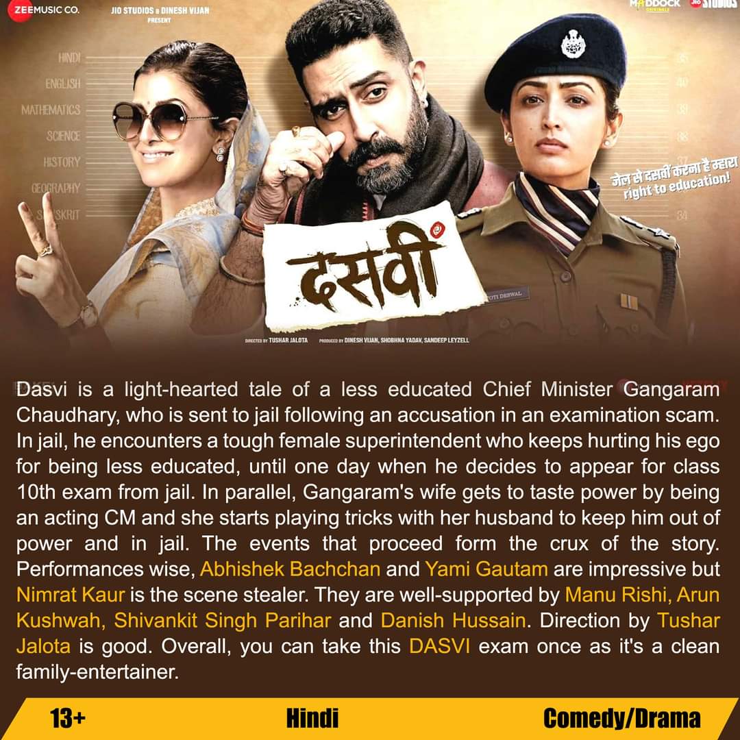 #DasviStreamingNow 
@juniorbachchan and @yamigautam are brilliant and @NimratOfficial is the scene stealer. Ably supported by @manurishichadha @arunkushwah @shivankitsinghparihar and @DanHusain. Impressive direction by @TusharJalota 
You should take this #Dasvi exam atleast once!