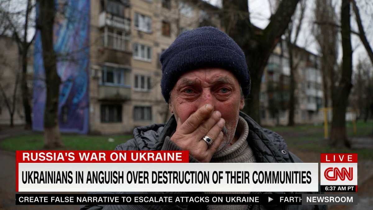 I can't stop thinking about <a href="/clarissaward/">Clarissa Ward</a>'s report from Avdiivka, a town near the front line in eastern Ukraine.

The man's face when he talks about the old part of town being destroyed.

He says he can't go home because there's more shelling where he lives.