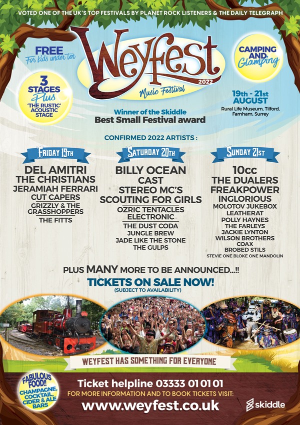 Weyfest are very proud to announce our latest line-up and the addition of the marvellous 10cc as our Sunday headliners.

Festival on 19-21st Aug Rural Life Centre. Tilford.

Tickets are currently on sale at weyfest.co.uk/tickets 

<a href="/Weyfest/">Weyfest</a>  <a href="/10ccWorld/">10cc</a>