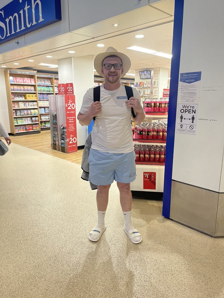 fated87's tweet photo. Rocking the @GreggsOfficial outfit for the stag do. Surely I get a free sausage roll for the European marketing. 🤣🕺 https://t.co/d6DUimxdLp