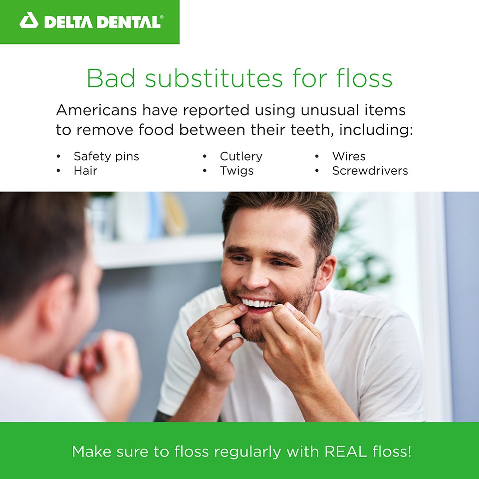 DeltaDental's tweet photo. Floss, floss picks and water flossers are all effective tools for flossing. See some of the poor alternatives people have used to try to remove food from between their teeth. https://t.co/mQUX49X7QY