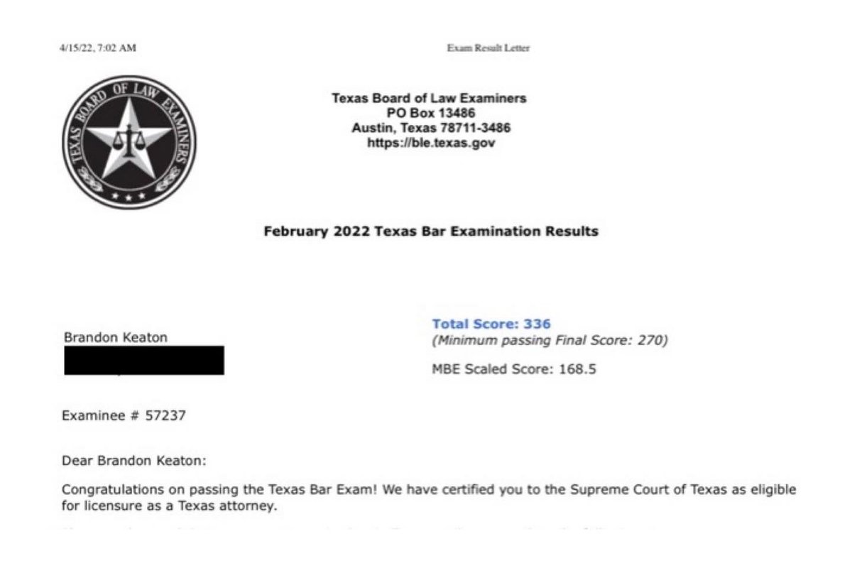 bk17__'s tweet photo. I PASSED THE TEXAS BAR EXAM!

After stressing waiting for scores to drop, I finally got the results I’ve been waiting on. My score came back high enough to allow me the ability to practice in any UBE state in the country. https://t.co/AaKMsSShtq