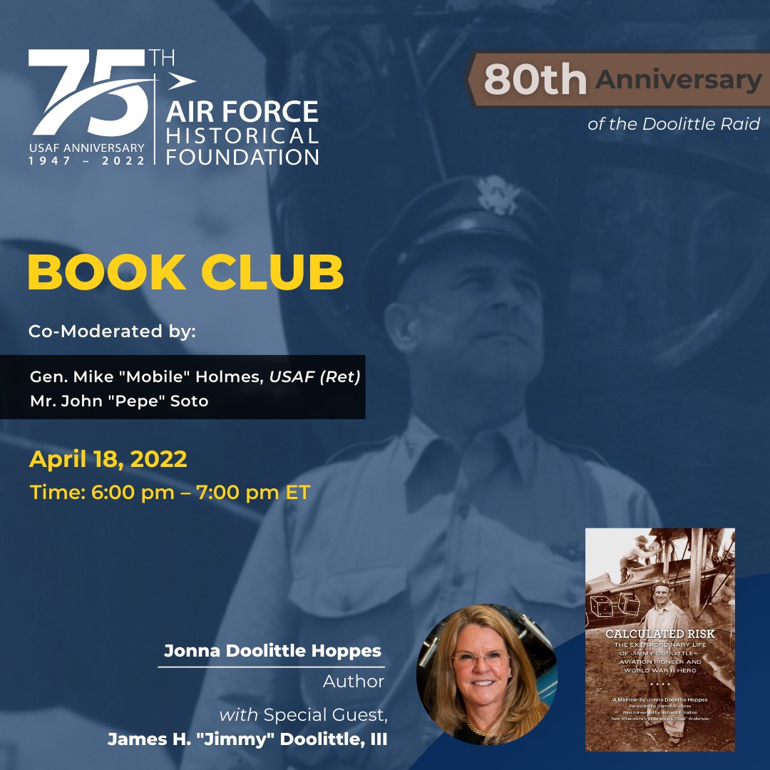 AFHF's tweet photo. Book Club Zoom details have been provided via email for all registered April attendees. We look forward to seeing you on Monday, April 18, at 6 pm Eastern for what looks to be a great session!
#afhistory #jimmydoolittle #doolittleraid https://t.co/GXDJfbzxcA