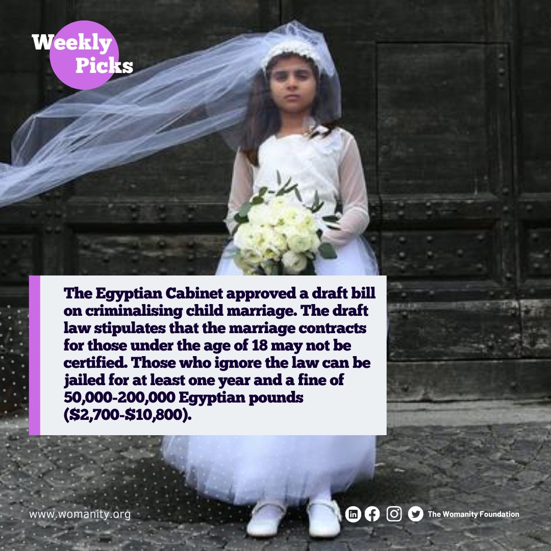 forWomanity's tweet image. In our #Womanity #WeeklyPicks :
- #Egypt cabinet approves bill prohibiting #childmarriage
- Woman completes 100 marathons in 100 days world record
- LinkedIn report says 7 in 10 working #women in #India quit or consider quitting their jobs due to lack of flexibility
