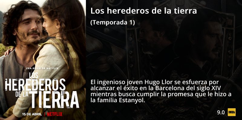 NuevoEnNetflix's tweet photo. Los herederos de la tierra
(Temporada 1)
Serie adaptada de la novela de Ildefonso Falcones, con las actuaciones de Yon González, David Solans y Michelle Jenner.
🎥 https://t.co/YRBB8cigSQ https://t.co/lpgKdI7VHa