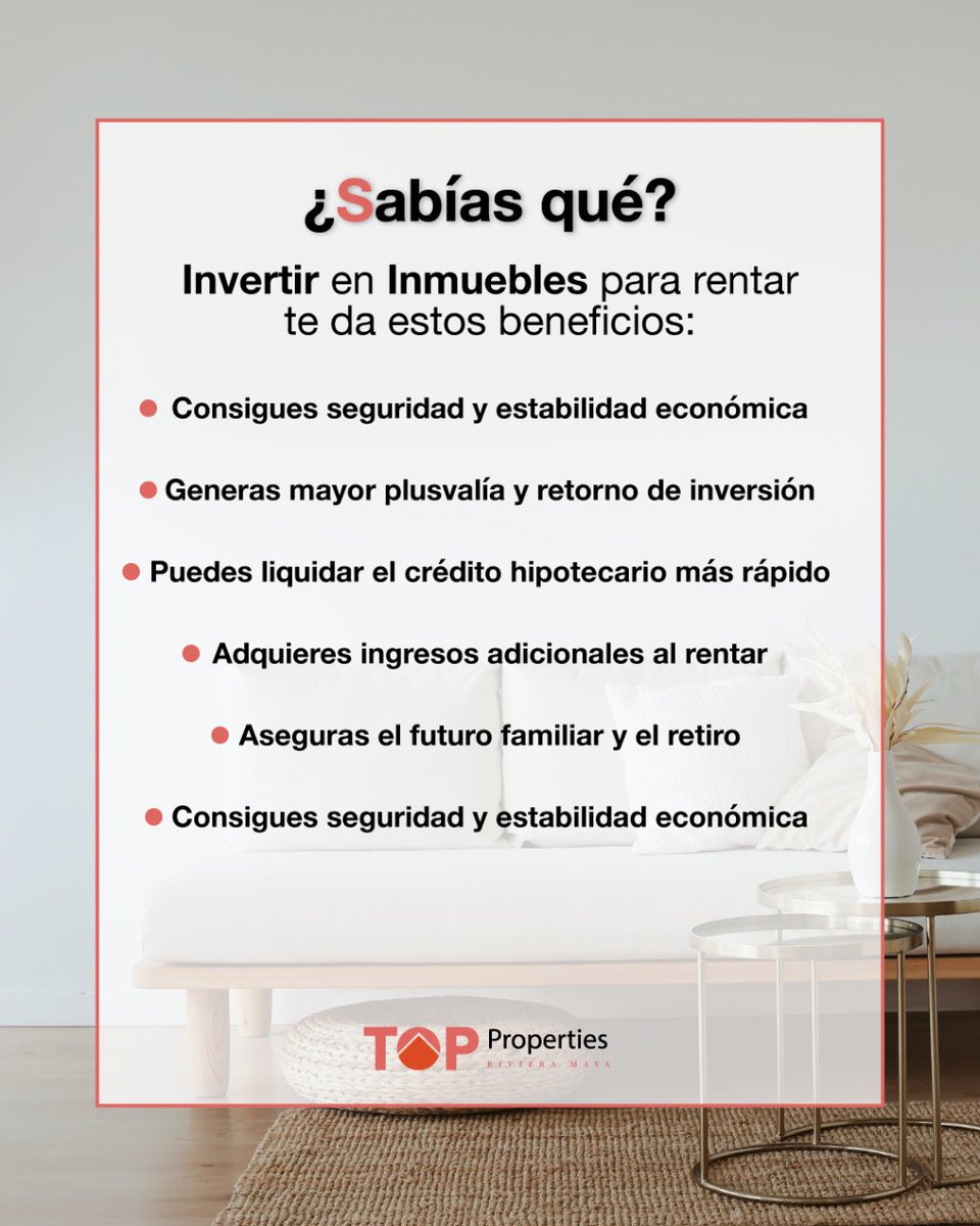 RivieraTop's tweet photo. Los Beneficios de #Invertir en #Inmuebles para #Rentar son muy buenos para los que buscan #ingresosPasivos por su #Propiedad y más en la #RivieraMaya que es uno de los principales destinos  #turisticos del mundo. https://t.co/YiUTevcgjq
