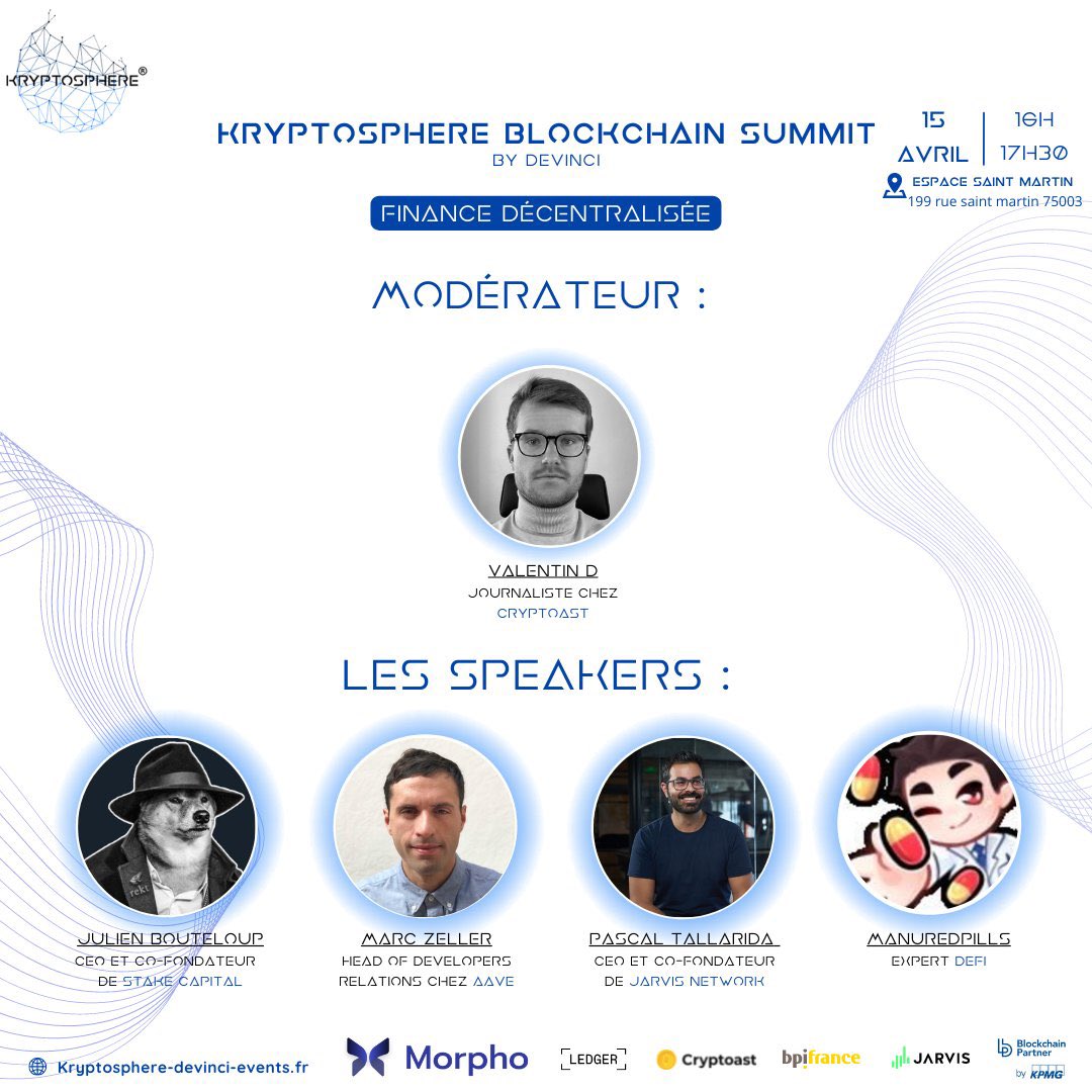 CryptoastMedia's tweet photo. Aujourd’hui nous étions présents et sponsors de l’évent #KryptosphereBlockchainSummit by DeVinci 🚀

Un événement animé par des experts de l’écosystème blockchain dont @ledger @Bpifrance @MorphoLabs @Jarvis_Network 

L’occasion de rencontrer et d’échanger avec des passionnés ! https://t.co/t3oBVirXfW