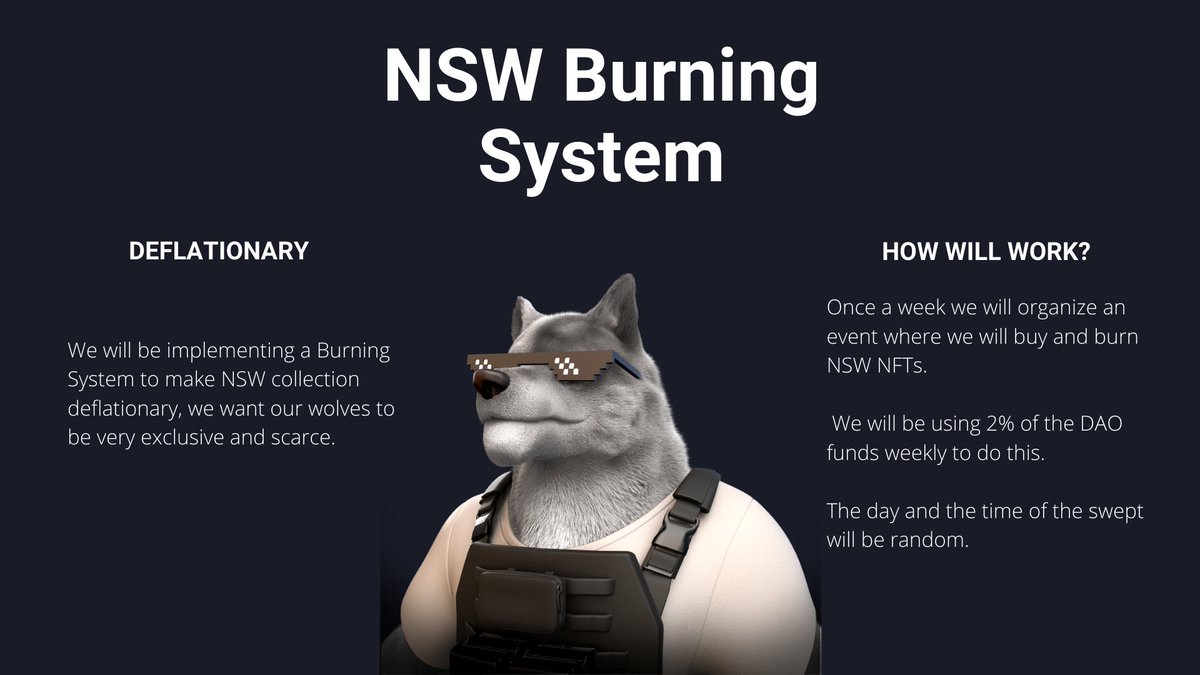 Wolves! 🐺

We are glad to present the NSW Burning System! 

Our goal is to make our collection Deflationary so it becomes more scarce over time. 

Delist your Wolves if you dont want them to dissapear 👀