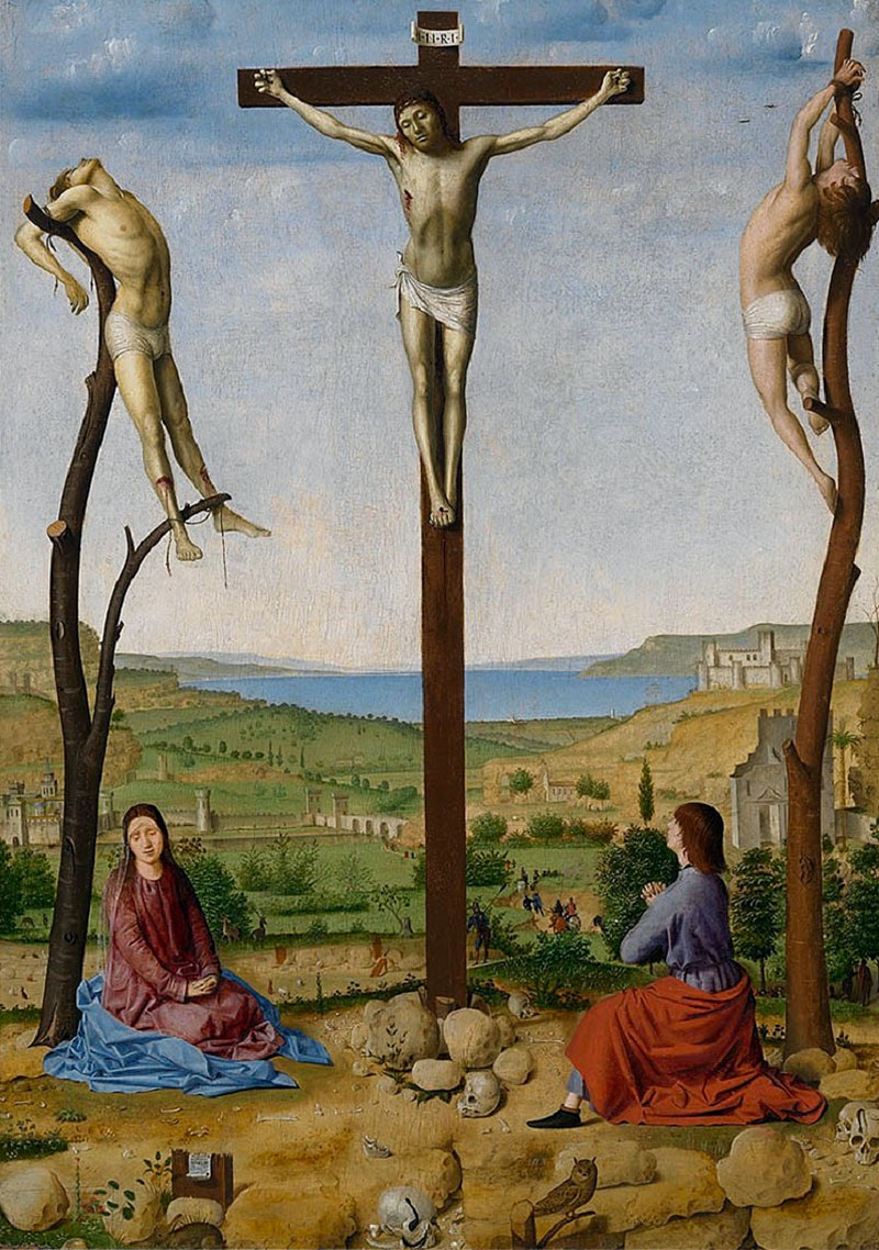 SuperFiammetta's tweet photo. #Crocefissione,Antonello da Messina:tocca culmine di elevazione spirituale.#Cristo centrale,ladroni su rami contorti xché indegni,ma accompagnati da Giovanni e Maria.Simboli di morte (serpenti),caducità (teschi),speranza (luce di sfondo),abominio (gufo,Bibbia) #VenerdiSanto https://t.co/6g7SRQRmVo