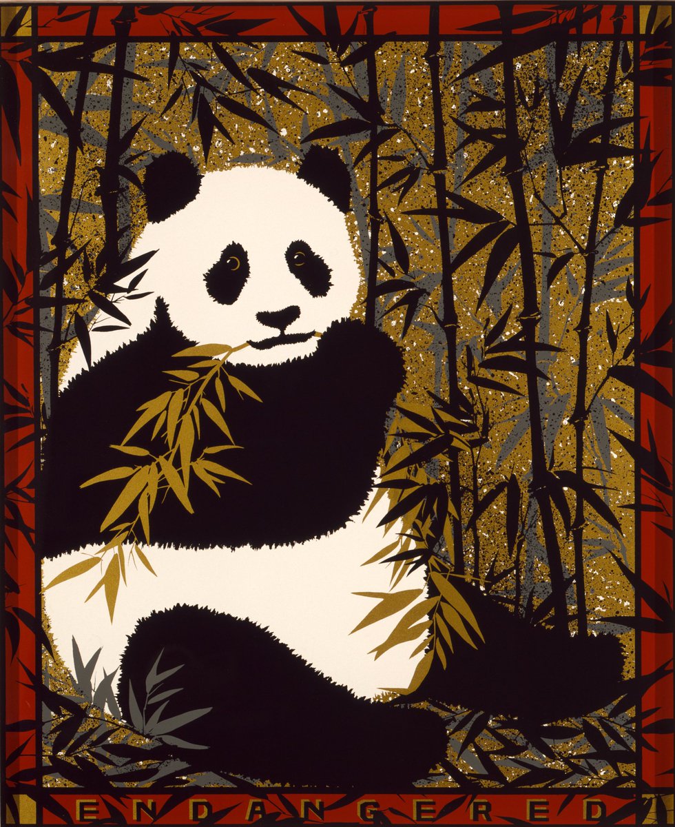 Screen print of a giant panda sitting in a stand of bamboo, eating one piece of bamboo. A red border frames the image, and the word "ENDANGERED" is written along the bottom edge.