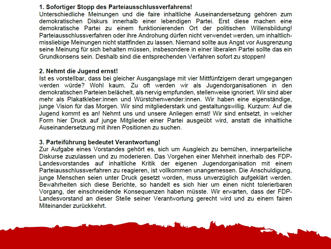 Der beispiellose Umgang mit @JuLisHamburg bewegt uns als politische Jugendorganisation in HH, dazu Stellung zu beziehen. Wir zeigen Solidarität und erwarten, dass die Parteiausschlussverfahren gestoppt werden. #fdp #demokratie #partei #politik #presse #politik