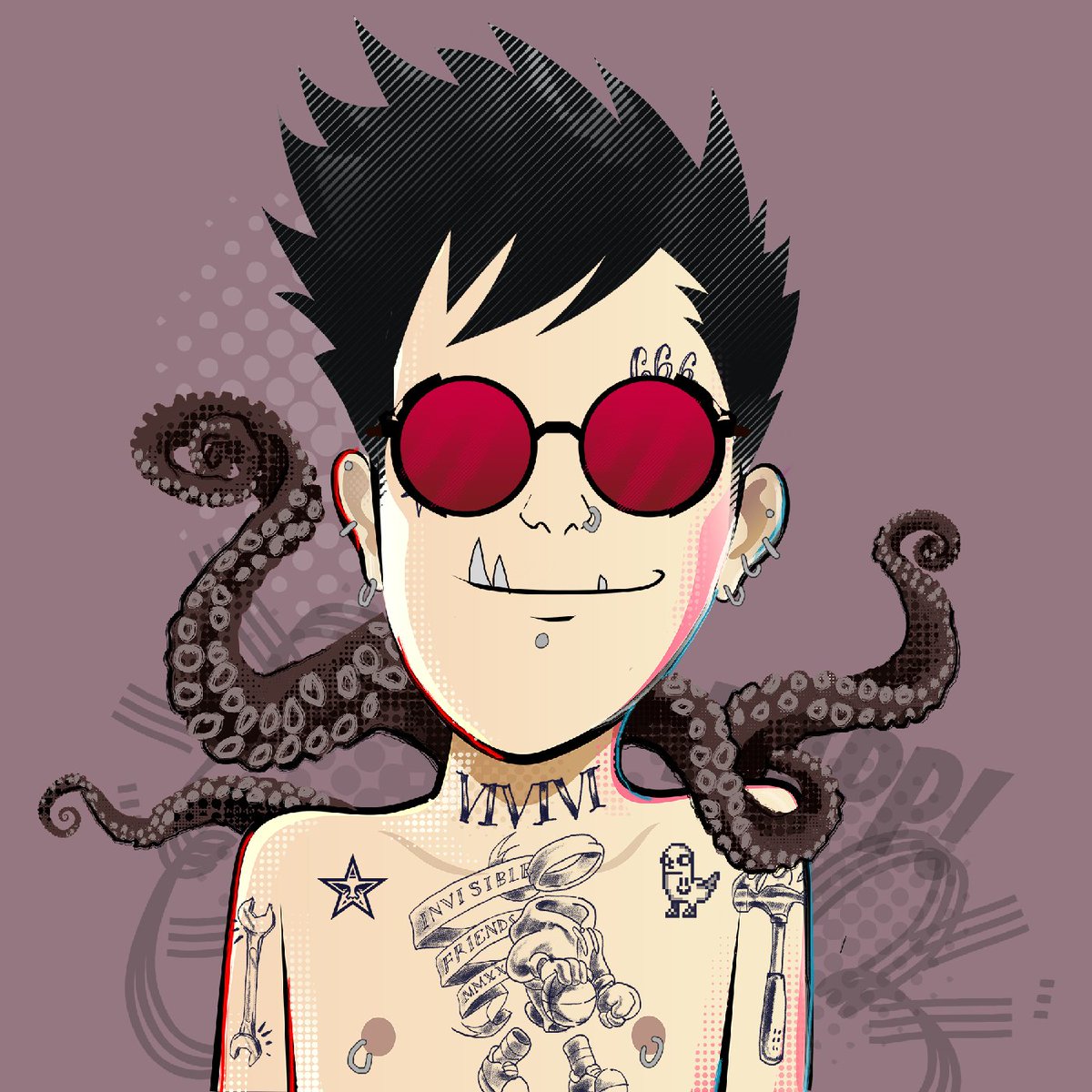 normies_nft's tweet photo. Introducing #5599, a @normies_nft that resembles a lot to Dr. Octopus with his tentacles and Steampunk glasses, he is also showing off some @InvsbleFriends , @OBEYGIANT and @CryptoDickbutts tattoos. #NFT #cryptoart  👉 https://t.co/v6lr5gDfrE https://t.co/Z6olQxyY8T