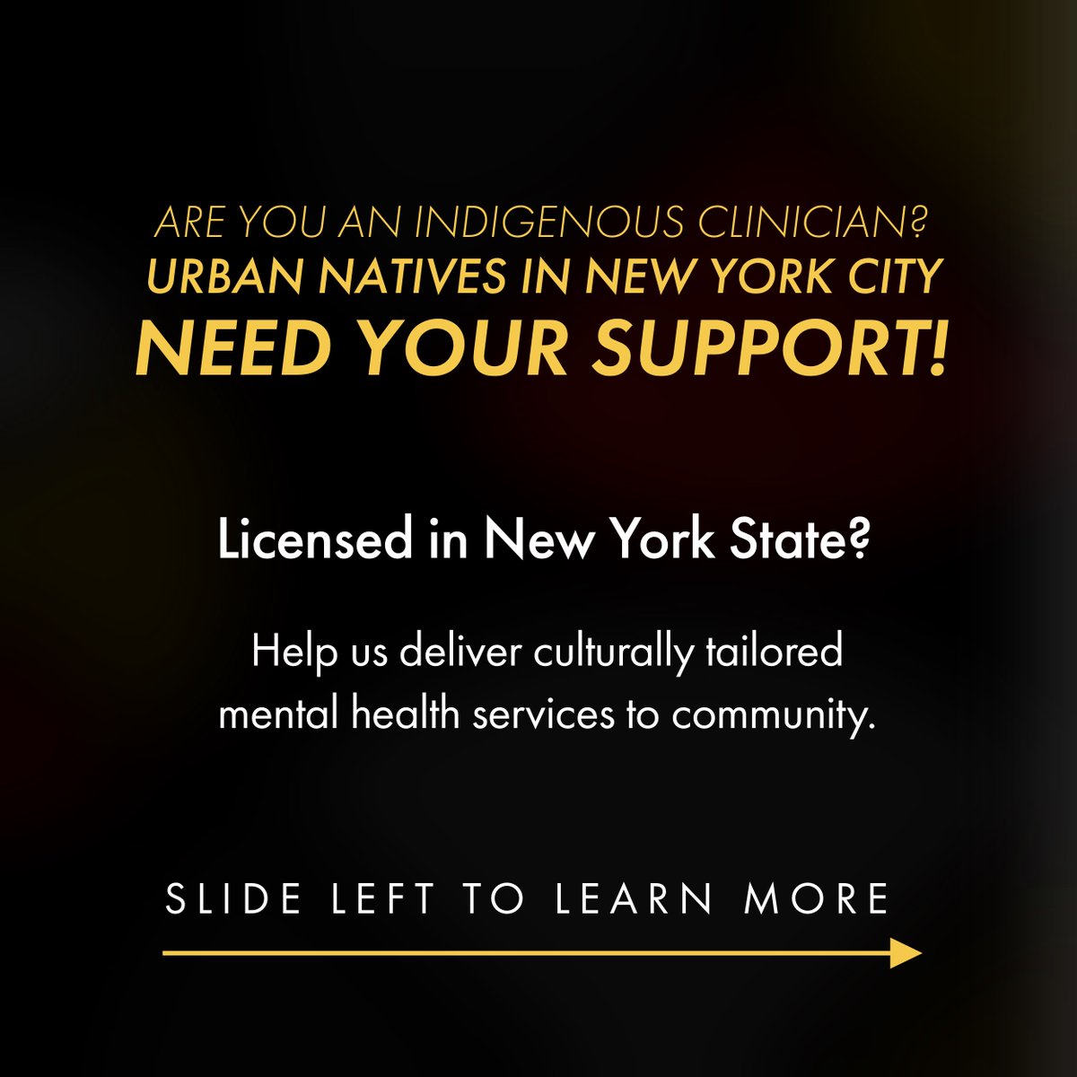 ￼
⁉️ (1/4) Are you an Indigenous clinician looking to support Indigenous clients? Are you licensed? Help us bring culturally tailored mental healthcare to New York City!

(VIEW THREAD FOR MORE INFO)

#indigenous #nativeamerican #indiancountry #indianhealthservices #IHS