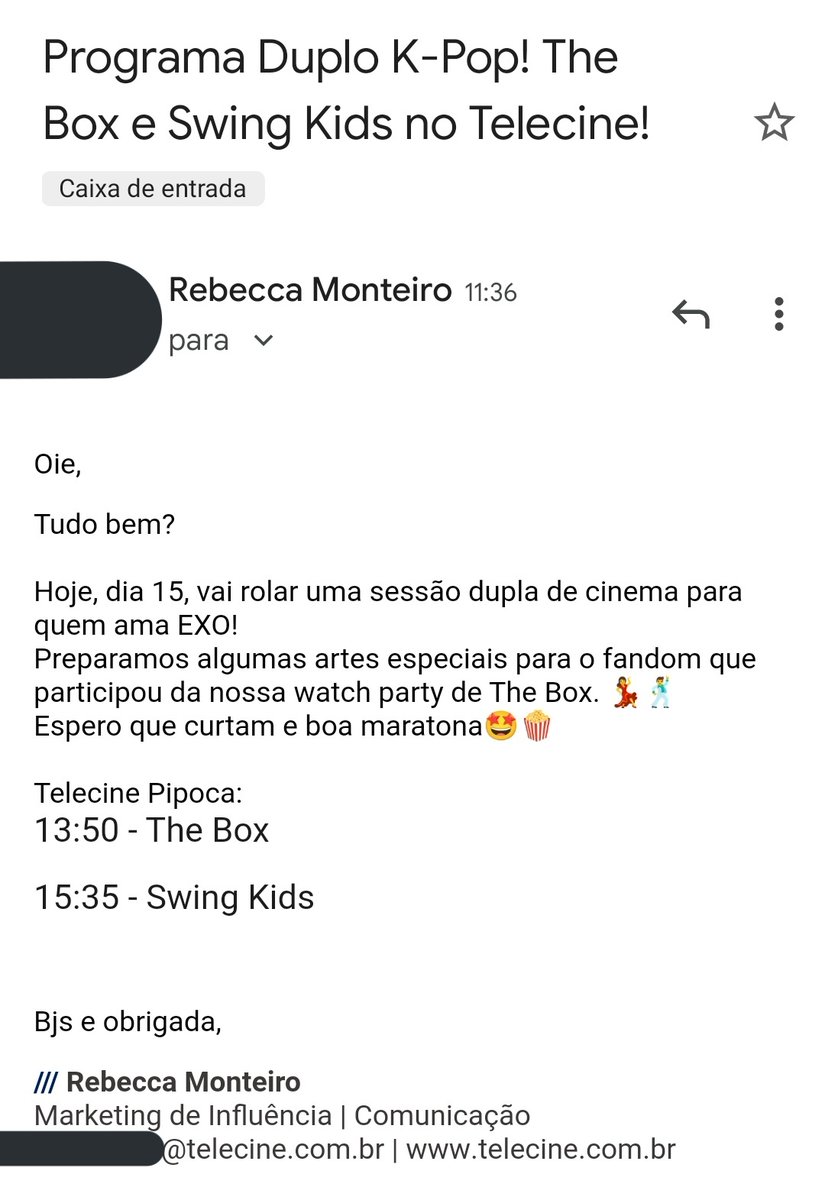 ExoProjectt's tweet photo. [🎞️] SESSÃO CINEMA #TELECINE 🎭 

ATENÇÃO EXOLS Recebemos um e-mail da Telecine avisando que HOJE tem Sessão Dupla #EXO

TELECINE PIPOCA 🍿
13:50 | The Box #CHANEYOL 
15:35 | Swing Kids #KYUNGSOO

#TheBoxNoTelecine @telecine #SwingKidsNoTelecine @weareoneEXO https://t.co/9QVFIFE7Gp