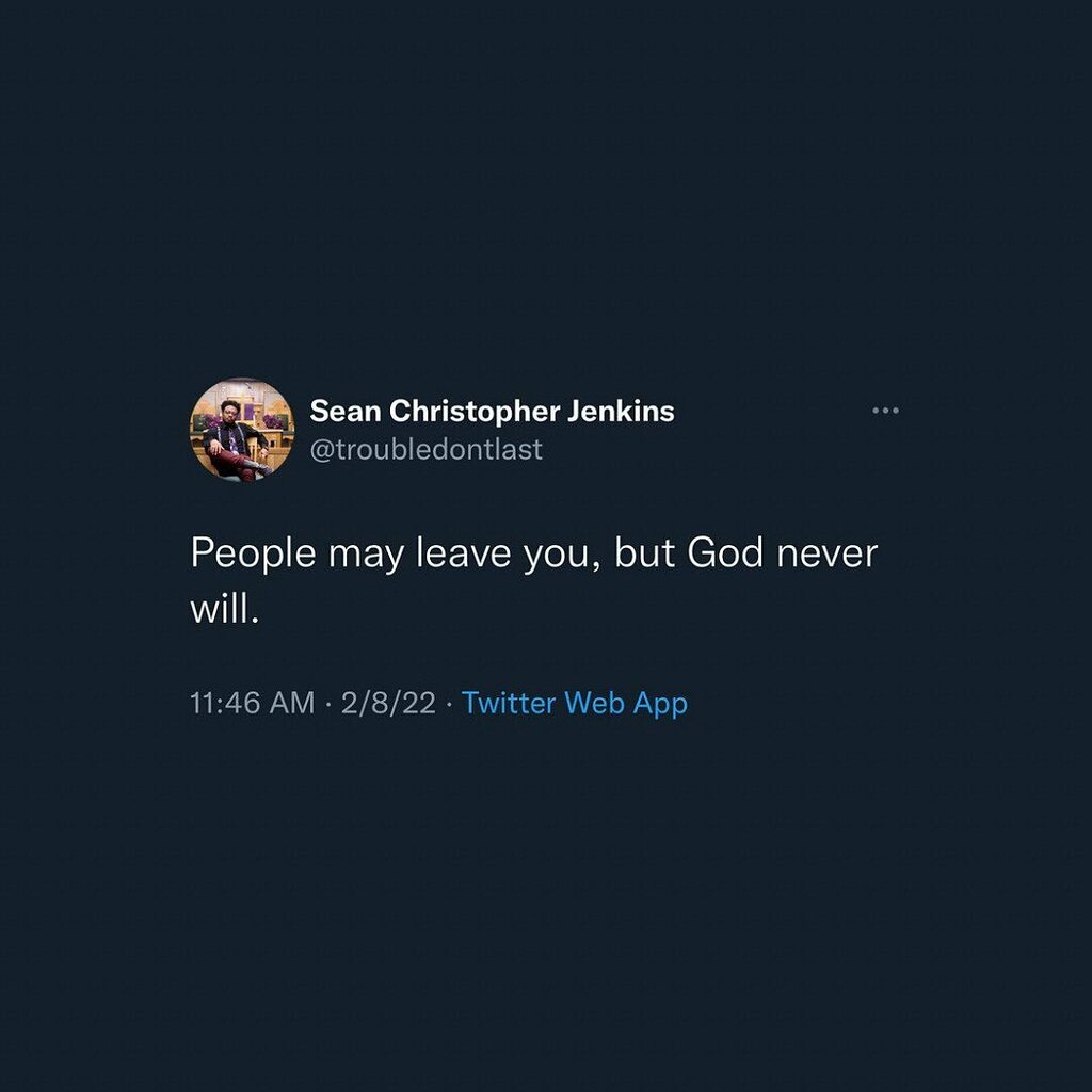 troubledontlast's tweet photo. People may leave your life, but God will still be there for you. #trustinthelord
When God comes into your life, you'll still be fine when others leave. #godwillneverleaveyou
No matter who comes and leaves your life, God is here to stay forever. #trustg… https://t.co/1ZRGJ7Zooy https://t.co/FfkNnPRLb9