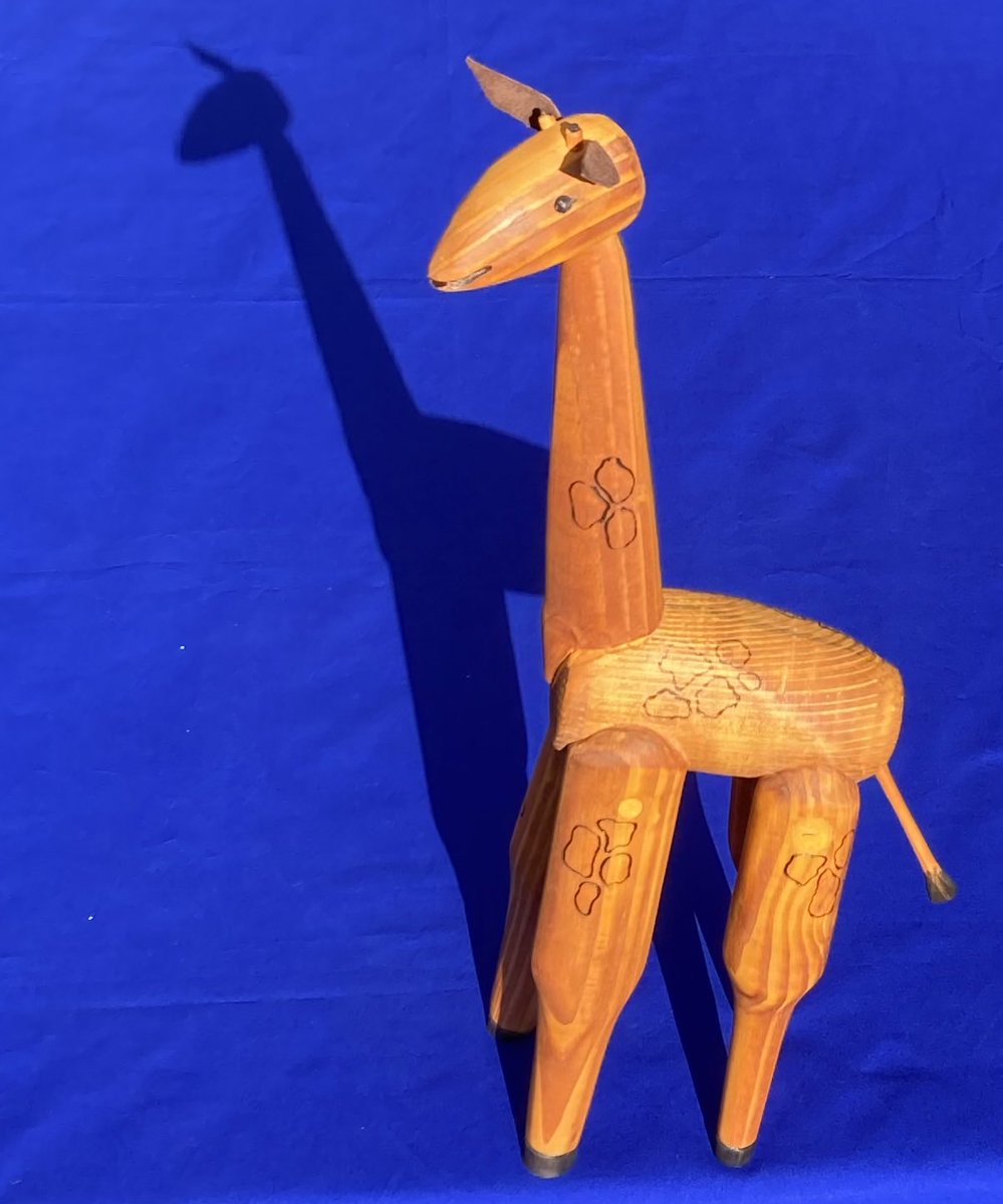 Here’s Gerald the Giraffe,  ~18” tall, 8” long &amp; 4” wide, made from 10 separately turned pieces of Pine. Finished with Yellow spirit stain and pyrographed spots, with hand carved eyes and mouth; plus soft brown leather ears. Just shows how many shapes are possible on a lathe..!