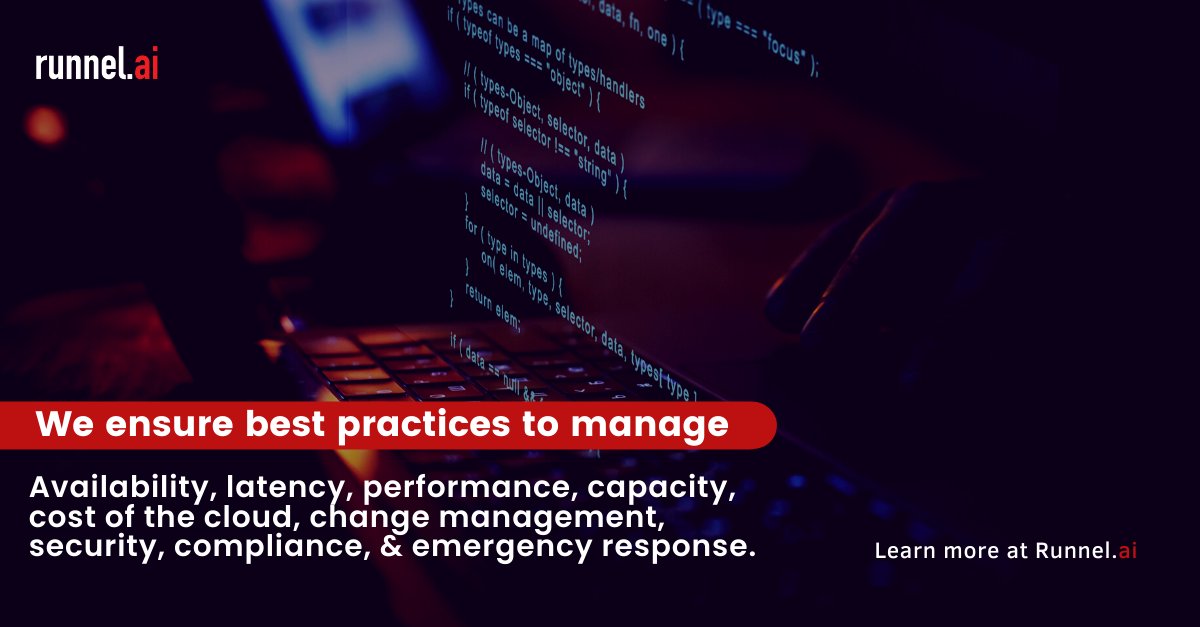 runnelai's tweet photo. Use us for all your #DevOps needs as well as managing 24x7 availability, latency, performance, efficiency, change management, monitoring, security, compliance, emergency response, and capacity planning for your cloud application. Connect with https://t.co/mDVedfEbLJ team. #SRE https://t.co/Ey5NHC9vL0