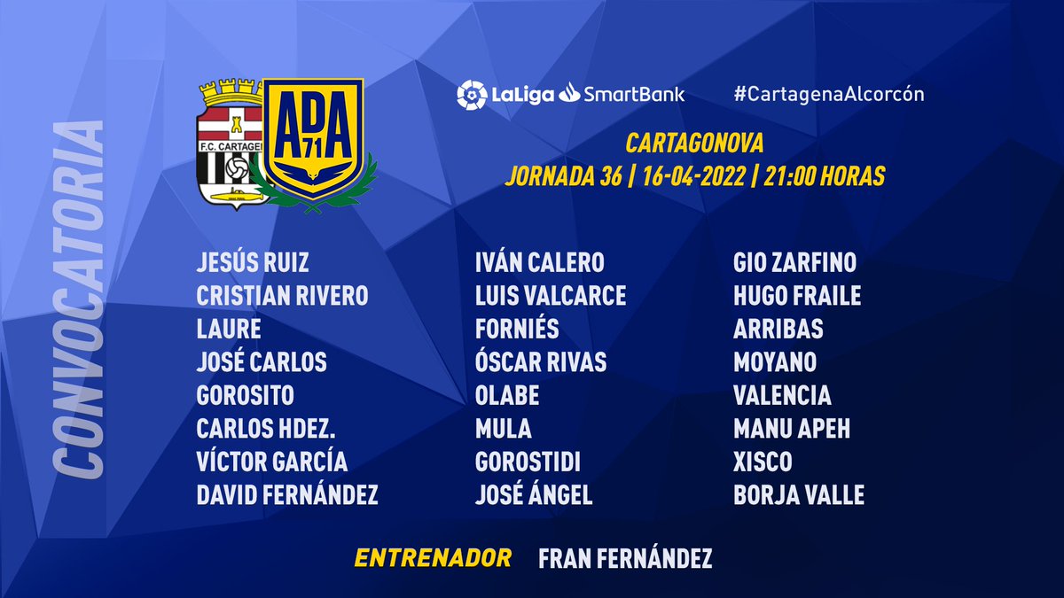 AD_Alcorcon's tweet photo. 📒| CONVOCATORIA 
Estos son los 24 futbolistas alfareros que viajan a #Cartagena para disputar el encuentro de mañana sábado.
💪#VamosAlcor 
⚽️#LaLigaSmartBank https://t.co/9CaXIrsGdh