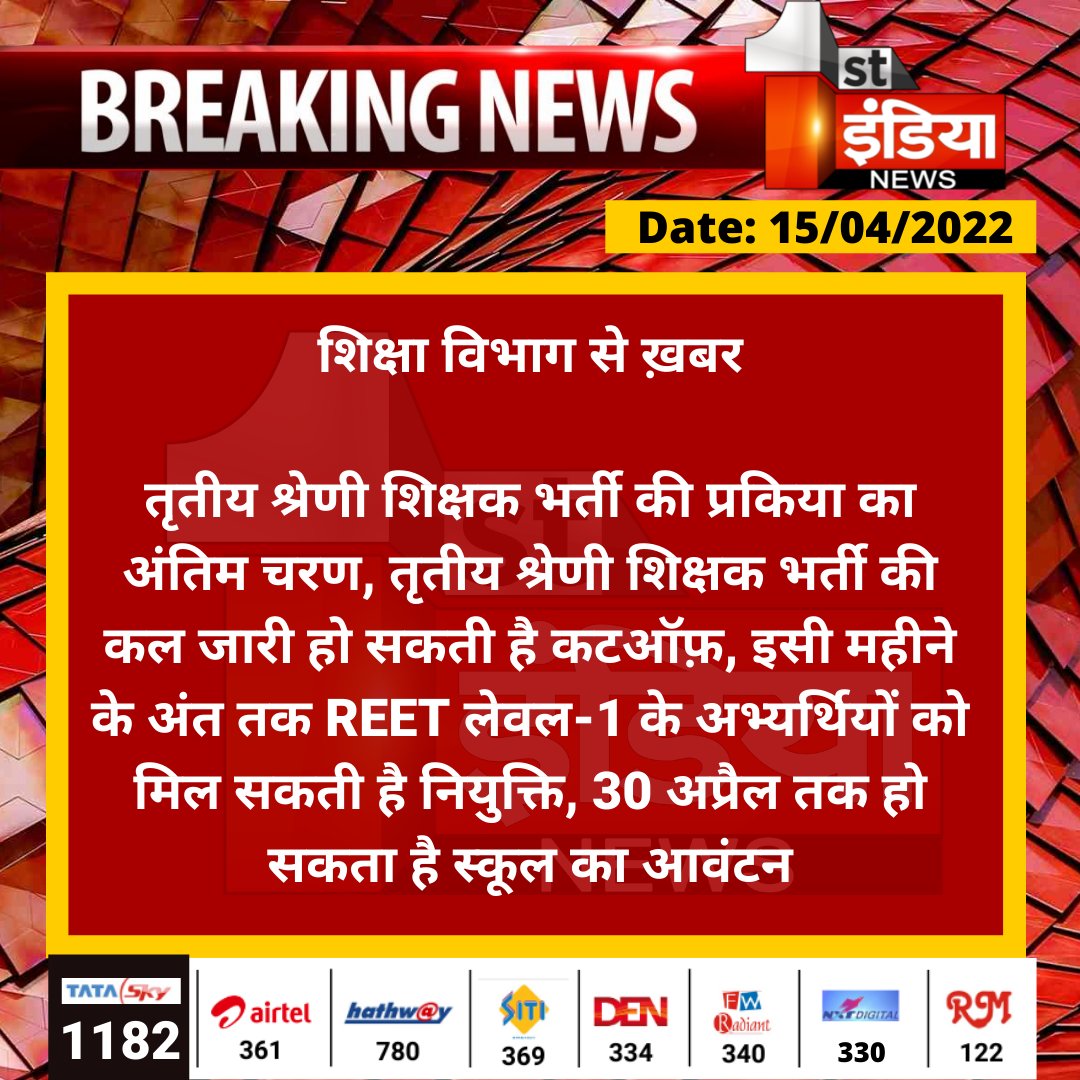 1stIndiaNews's tweet photo. #Jaipur: शिक्षा विभाग से ख़बर

तृतीय श्रेणी शिक्षक भर्ती की प्रकिया का अंतिम चरण, तृतीय श्रेणी शिक्षक भर्ती की कल जारी हो सकती है कटऑफ़...

@DrBDKallaINC @i_dimplesharma https://t.co/WJ3Or1s84k