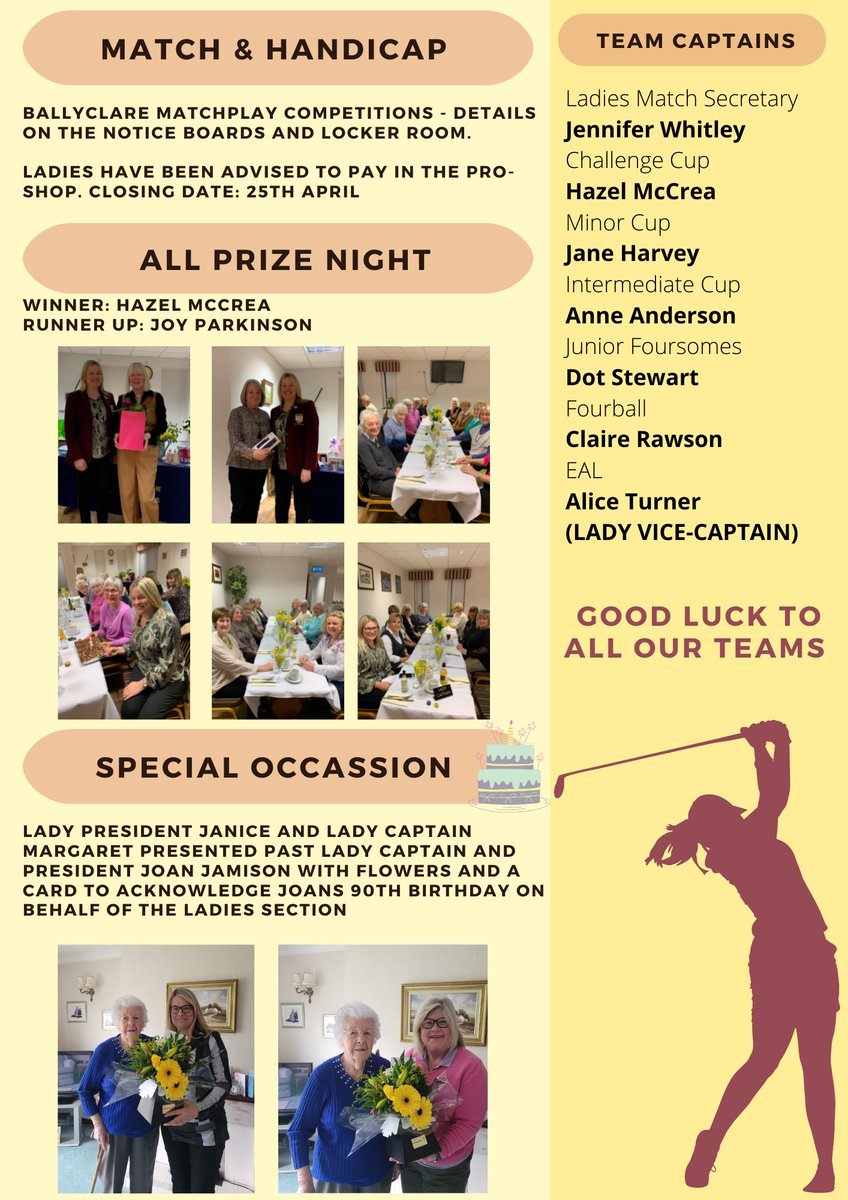 An ‘April Newsletter’ from our Ladies section <a href="/ballyclaregc/">Ballyclare Golf Club</a> shows insight to their busy schedule.

Club Vice-Captains, Alice Turner &amp; Sammy Higgins lead on our club commitment to <a href="/GolfIreland_/">Golf Ireland</a> ‘Women in Golf’ Charter.
