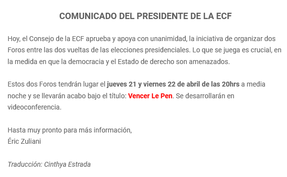 [[[[[ <a href="/nel_amp/">Nueva Escuela Lacaniana del Campo Freudiano</a> noticias 👉Comunicado del presidente de la <a href="/ECF_AMP/">ECF</a> Éric Zuliani <a href="/123zul/">éric zuliani</a>  14 de abril 2022 👉 mailchi.mp/7655624ceed5/n…