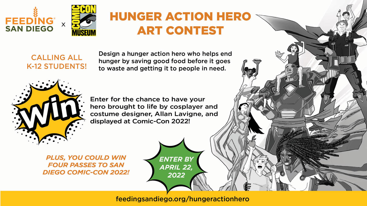 ComicConMuseum's tweet image. Only one week left until the April 22 deadline! Encourage all kids K-12 in San Diego County to apply for the chance to win prizes including bringing their Hunger Action Hero to life, Comic-Con 2022 badges and more! #feedingsandiego #hungeractionhero