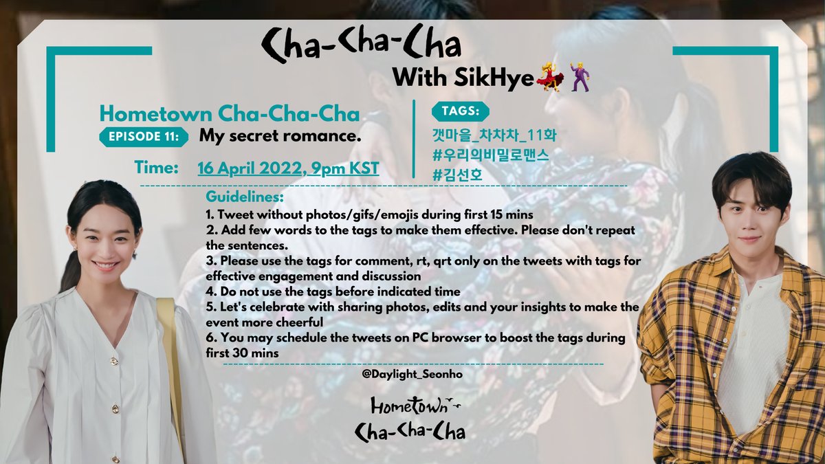 ksh_sasianfc's tweet photo. Dear Seonhohada,

You are invited to celebrate our weekly event "ChaChaCha With SikHye💃🕺"
tonight at 9 PM KST. Let's cherish the moments of Homcha EP11 following hashtag below. Pls join💙

갯마을_차차차_11화
#️⃣우리의비밀로맨스
#️⃣김선호 https://t.co/T180Gw4YwI