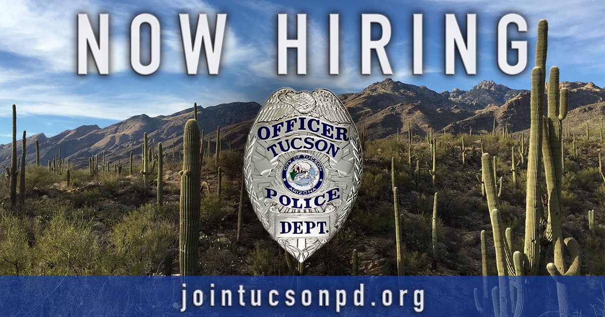 JoinTucsonPD's tweet photo. The Tucson Police Department is accepting applications for the position of Police Officer Recruit (new officers) and for the position of Lateral Officer (already a certified officer).
For info and to apply, visit https://t.co/mkxRRuXBD0.
#TucsonsPolice #answerthecall #JoinTPD https://t.co/5KeENm7Bhe