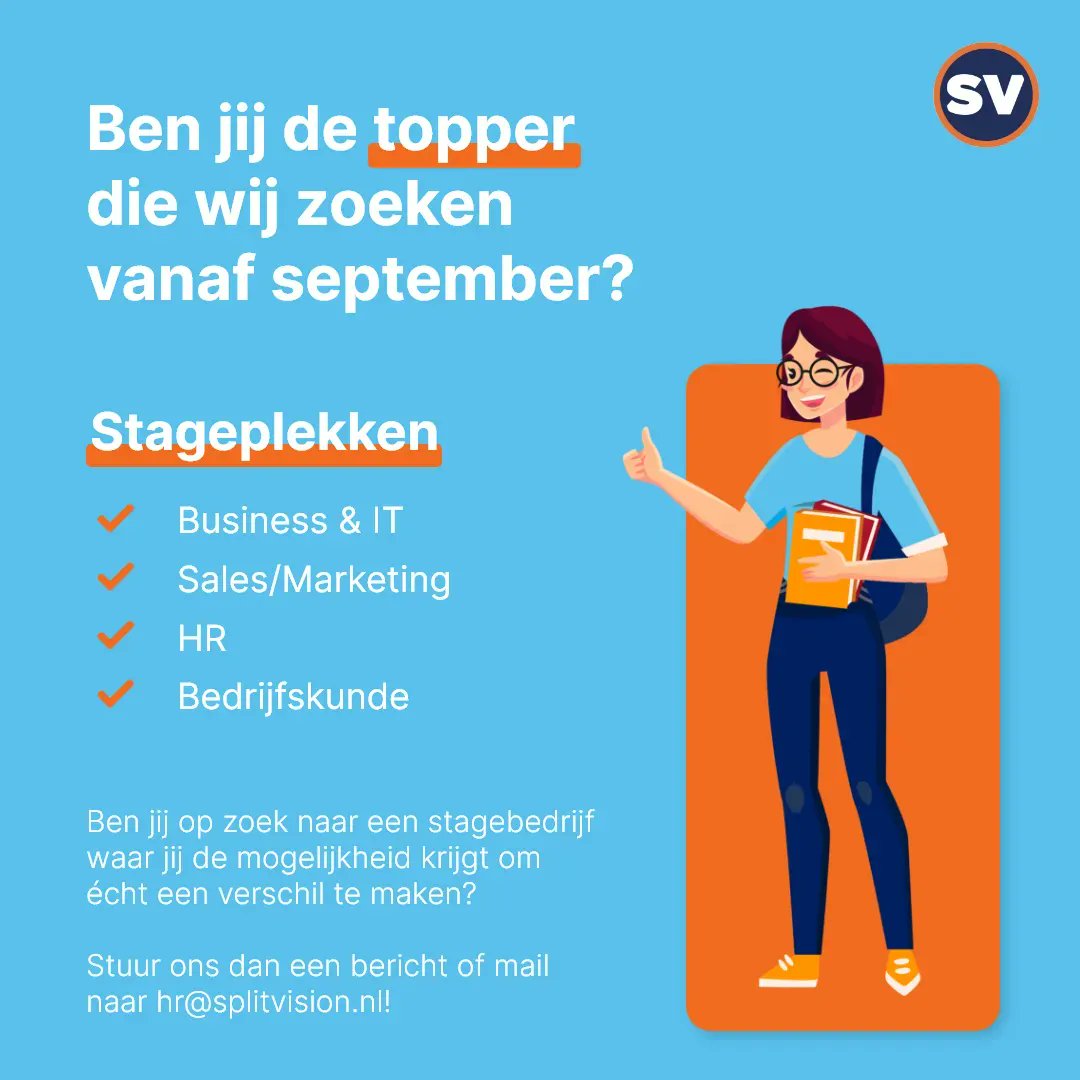 Vanaf september op zoek naar een erkend stagebedrijf?
Stuur een mail naar hr@splitvision.nl!
Split~Vision heeft 3e of 4e jaars HBO stageplekken beschikbaar. 
Lees meer: buff.ly/35enzxb
#stage #eindhoven #hr #sales #marketing #it #bedrijfskunde #afstuderen #stichtingELBHO