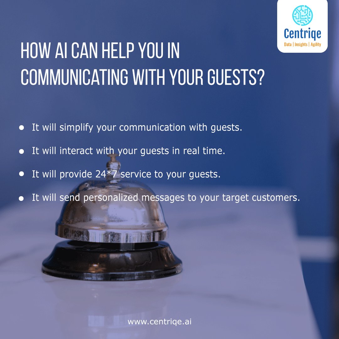centriqe's tweet photo. You don't have to worry about communicating with your guests anymore. Let AI do the job on your behalf and keep your guests happy and satisfied with Centriqe Inc. communication AI feature.

#artificialintelligence #machinelearning #hospitalityindustry #guestexperience https://t.co/vPf68FqOSE