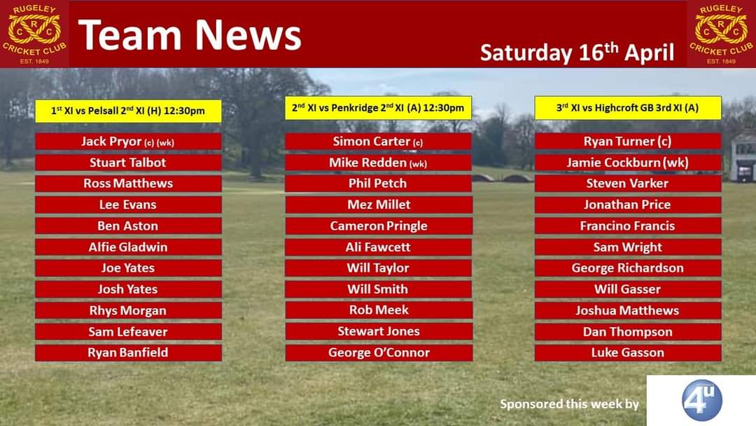 RugeleyCC's tweet photo. The team news is in!

1s H vs @pelsallcc 2s
2s A @PenkridgeCC 2s
3s A @hgbcc_official 3s

All 12.30 starts, and it would be great to see a good crowd at the newly refurbished Chaseley Road to cheer on the lads! @staffsclubcrick

#GoWell #TheFamilyClub https://t.co/Rr2ZJIHhY3
