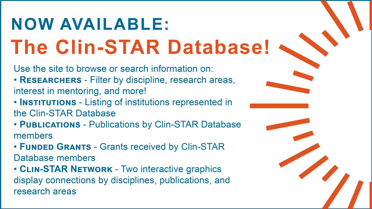 NOW AVAILABLE! The Clin-STAR Database is an online platform designed to facilitate collaboration among #ClinicianScientists in #AgingResearch. Users can search for information on researchers & their institutions, publications, & funded grants. Visit here: bit.ly/3KPdOZl