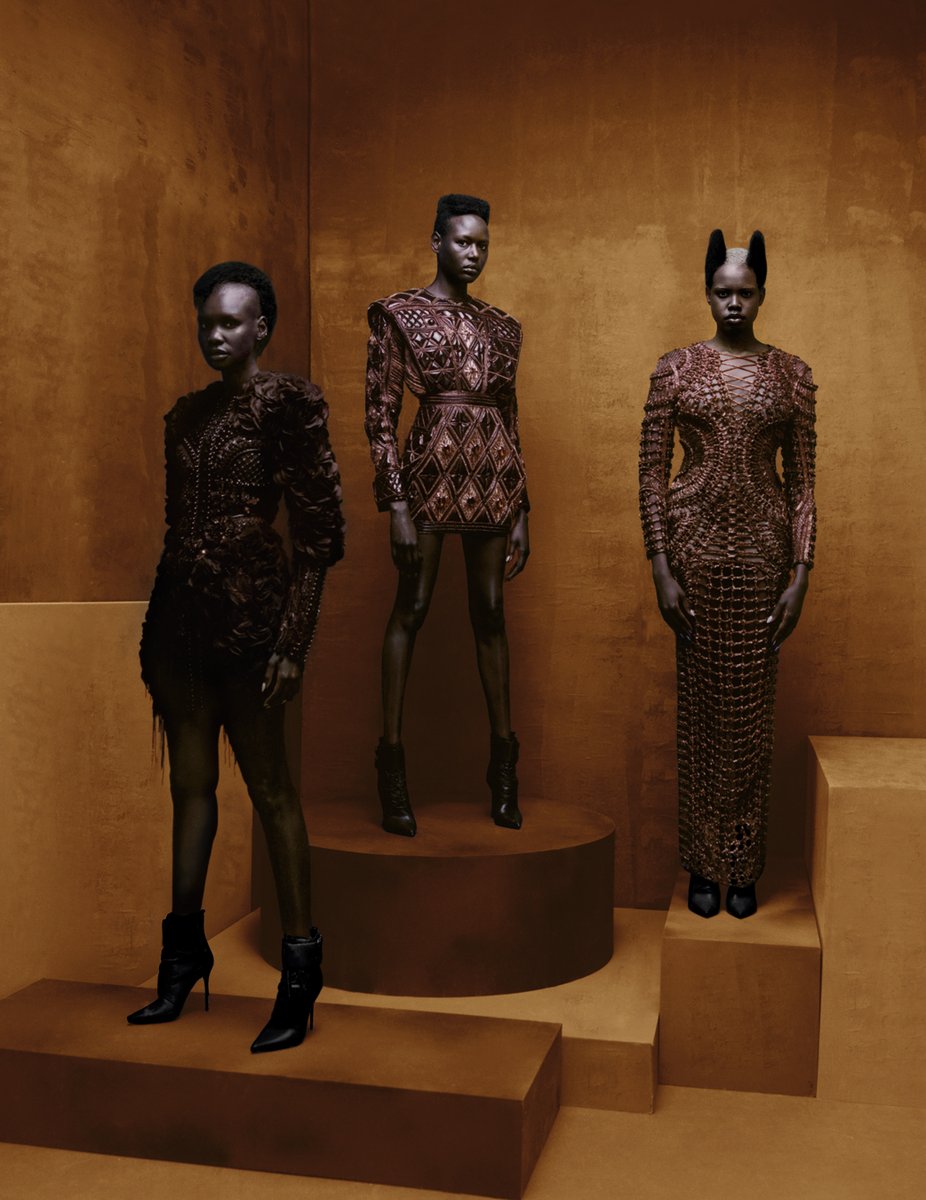 Balmain's tweet photo. Pulling codes from French couture tradition while looking towards the future, Creative Director @ORousteing celebrates his decade at Balmain with ornate re-editions of some of his most iconic creations for the house. Photographed by Jenny Brough for @10magazine_ #OR10 https://t.co/9jAqgpJdqk