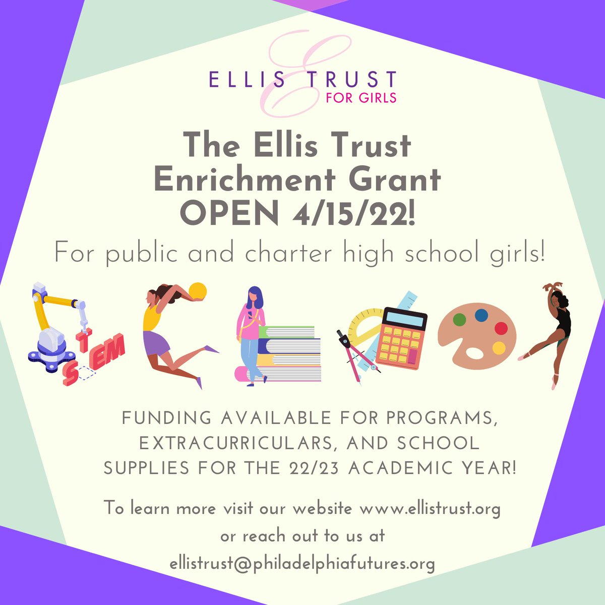 Ellis Trust for Girls (@ellistrust) on Twitter photo The Ellis Enrichment Grant for public and charter school students is OPEN! Apply this year to fund activities, programs, school supplies, and apparel! Learn more and apply here: ellistrust.org/enrichment-gra… The Ellis Enrichment Grant for public and charter school students is OPEN! Apply this year to fund activities, programs, school supplies, and apparel! Learn more and apply here: ellistrust.org/enrichment-gra…