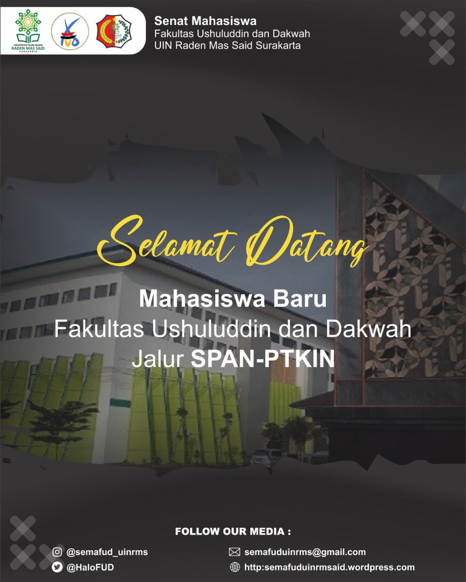 HaloFUD's tweet photo. HaloFUD! Wahhh selamat datang teman-teman mahasiswa baru Fakultas Ushuluddin dan Dakwah UIN Raden Mas Said Surakarta. Selamat bergabung dan menempuh ilmu di kampus tercinta. Salam hangat dari keluarga Senat Mahasiswa Fakultas Ushuluddin dan Dakwah😊 https://t.co/k0FseSNdDU