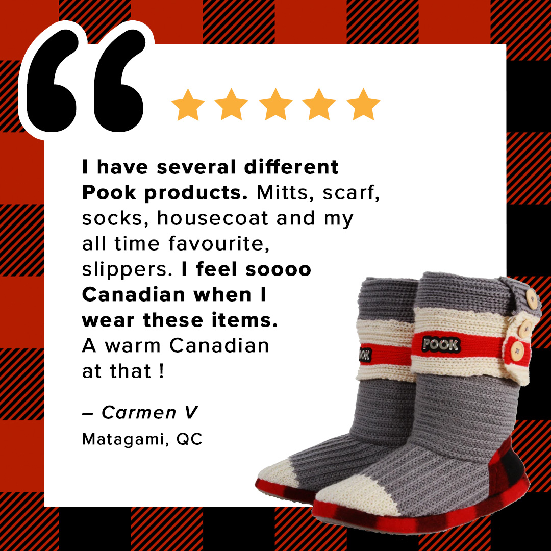Express your true patriot love with warm Canadian POOK slippers, scarfs, socks and more at pook.ca