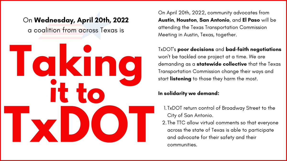 Join us! We’re going to Austin with <a href="/rethink35/">Rethink35 - Stop I-35 expansion & demand better!</a> <a href="/ActivateSATX/">ActivateSA</a> and advocates from Austin, El Paso, Houston, and San Antonio to demand the TTC return Broadway Street and give us virtual participation. We deserve to advocate for our safety and our communities!