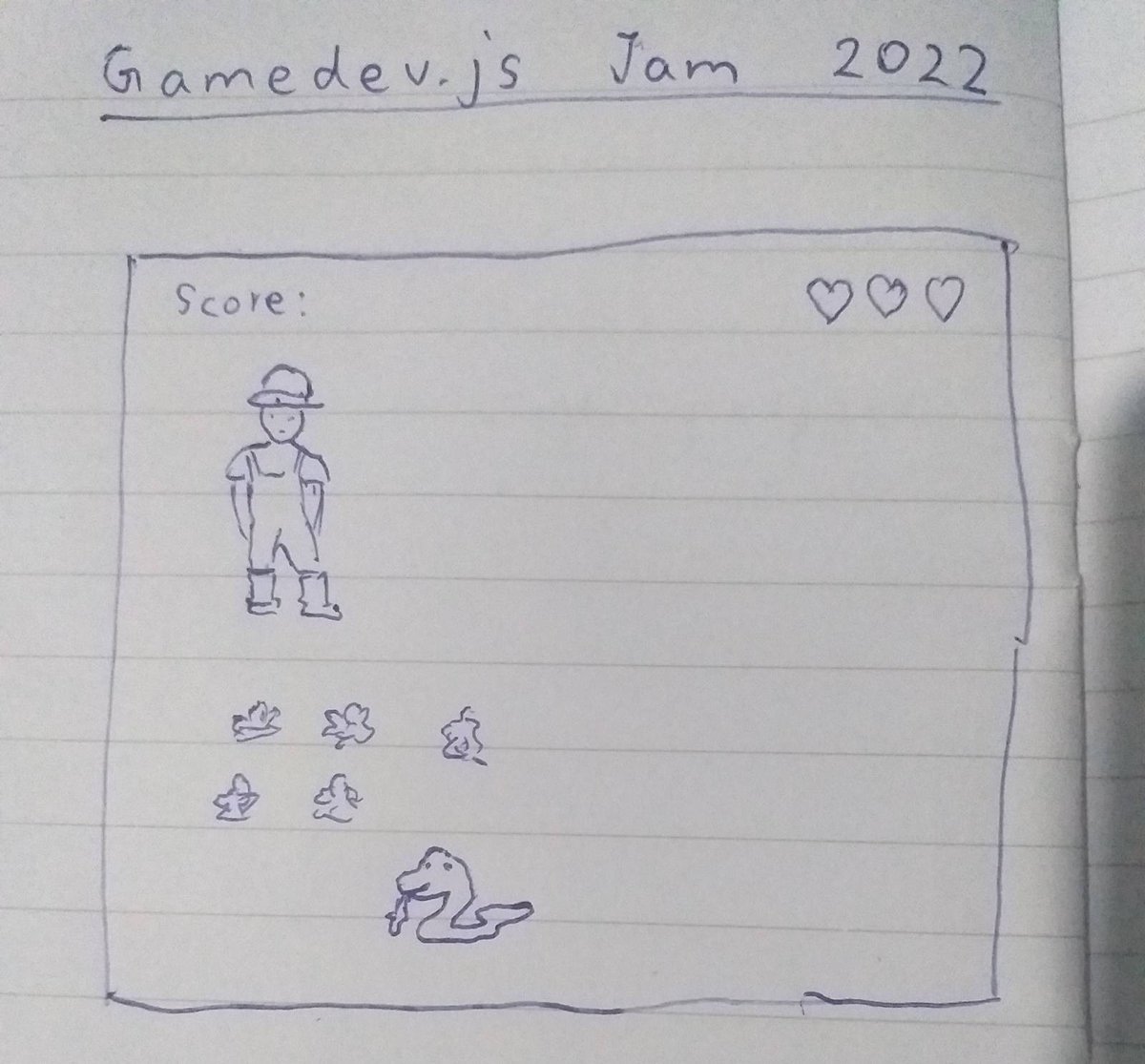A hand-drawn sketch of a scene of a game created for a game jam. It is a scene on a farm that includes a farmer and a snake.
