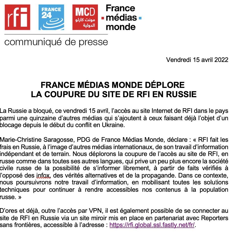 RFI_Presse's tweet photo. France Médias Monde @France_MM déplore la coupure du site internet de @RFI en #Russie. Un site miroir mis en place en partenariat avec Reporters sans frontières @RSF_inter est accessible à l’adresse : https://t.co/eoiy7iSpwo https://t.co/i9LFEJeZQn