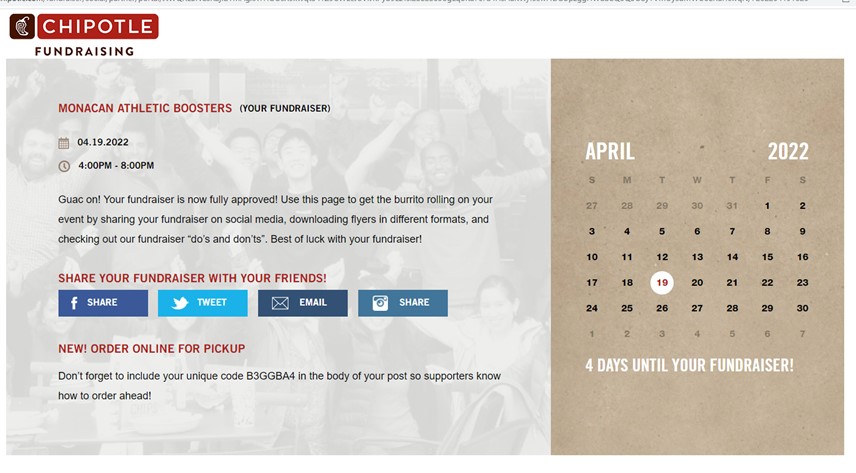 This coming Tuesday, April 19th, from 4-8PM is our next restaurant fundraiser - at Chipotle at Chesterfield Town Center! Order in person and show the attached flyer, or order online using code B3GGBA4. Enjoy dinner out while supporting Monacan's athletic programs!  Go Chiefs!