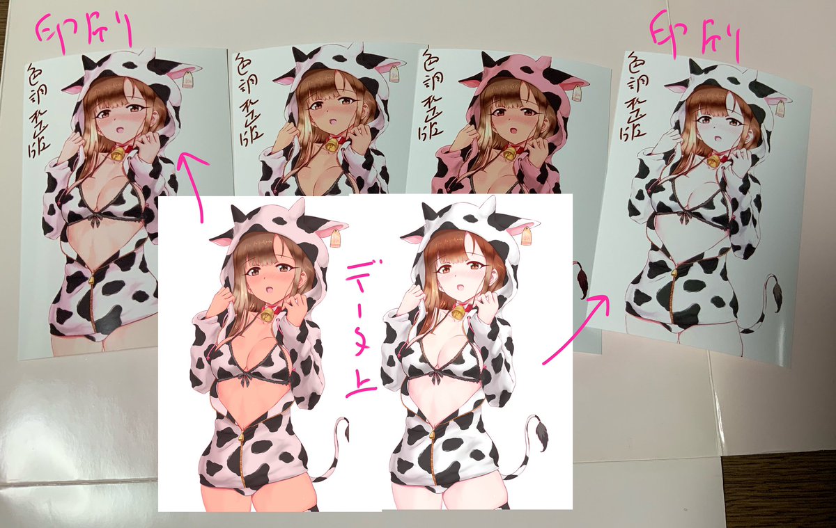 @VitaK113 僭越ながら以前、ネットプリントで色調整を繰り返しながら60枚ほど刷ってテストした事がありました、。データ上は濃くした方が良さげです、特に肌色は吹っ飛びやすいですね(⌒-⌒; ) 