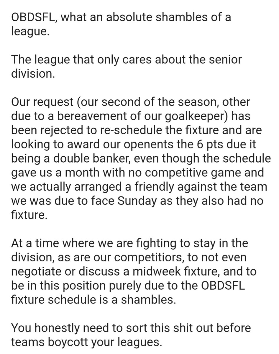 longhurst11's tweet photo. @OBDSFL absolute shambles!!!
All due to the negligence of the original fixture allocation. But you can't even discuss it with us. @WesterhamSFC https://t.co/ciMYWWVP7J