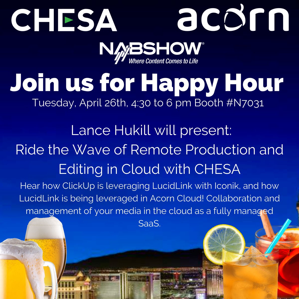 acorn_cloud's tweet image. Going to the @NABShow? Mark your calendars for 
@ChesaPro &apos;s Happy Hour in the @LucidLink booth! Lance Hukill will be sharing how we worked with Rodney McMahon II and @ClickUp to leverage remote workflows for their team!

#remoteproduction #remoteedit #cloudworkflow  #nab2022