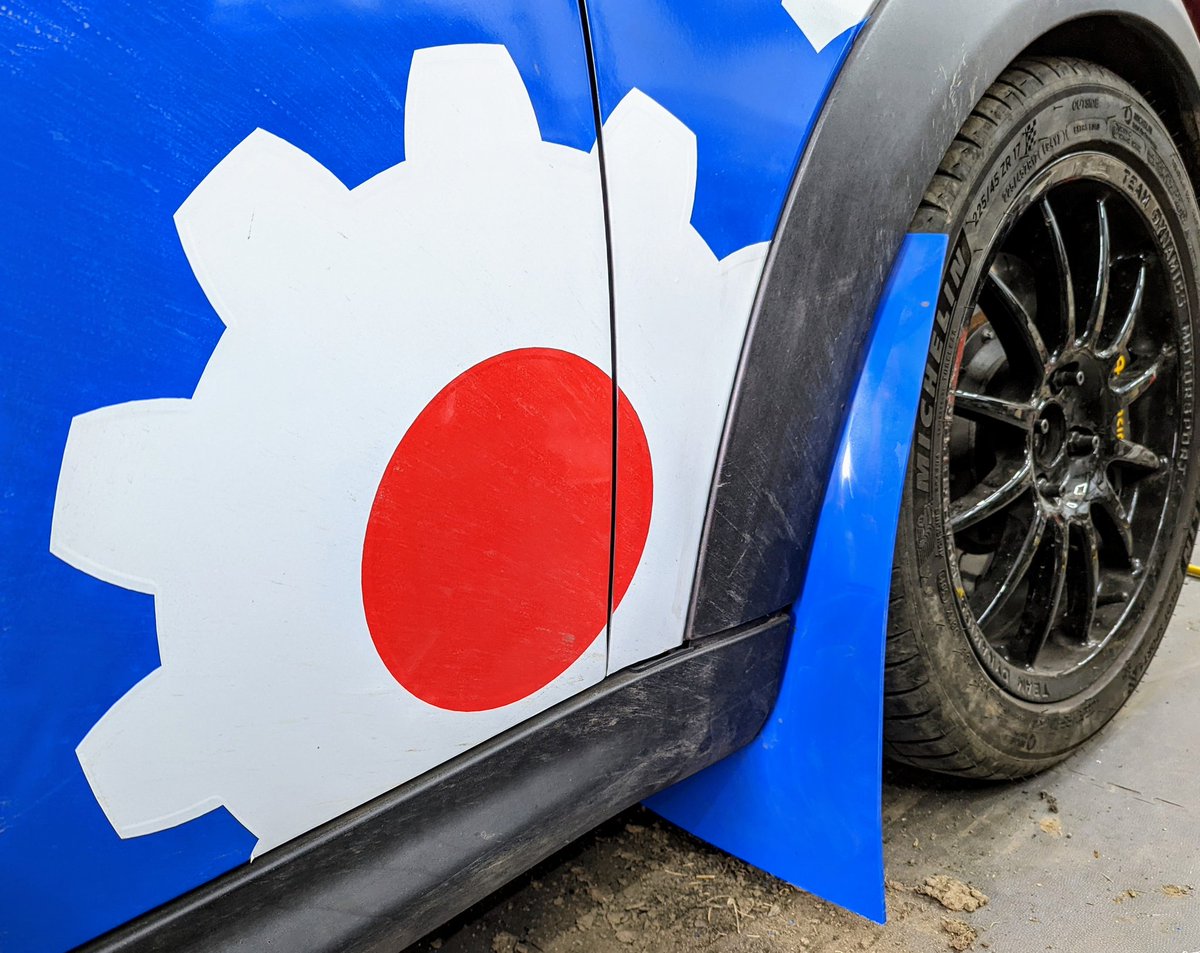 NeilBurgess's tweet photo. It's behind to look more like a rally car.
A job I've been putting off for ages is the mud flaps. I wanted to make them easily reproducible in case I need to replace any. Fronts fitted and a laser cut template for fixings and alignment made. Next up, the rears.
#r56 #rallybuild https://t.co/wwI4iIujmt