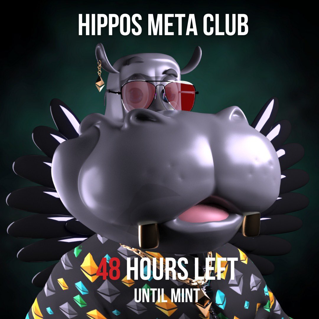 Hipposmetaclub's tweet photo. 48 HOURS LEFT UNTIL MINT 🔥🚀 
Are you ready?

#HipposMetaClub
#NFT #NFTs #NFTCommunity #nftart #NFTdrops #mint https://t.co/nC5fLOB1u1